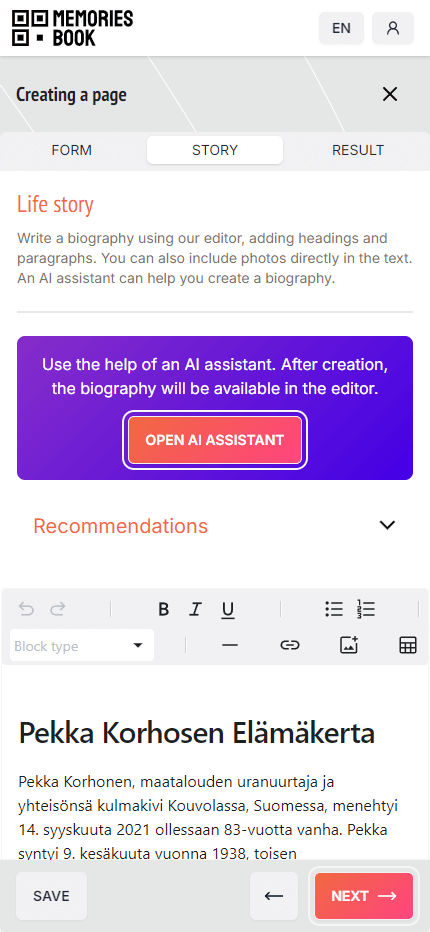 Create a biography using the AI assistant, or write it yourself